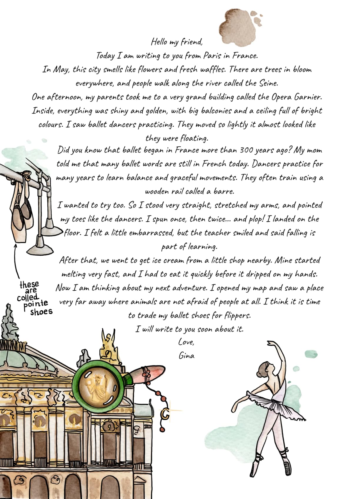 Sample finished letter with hand-drawn illustrations