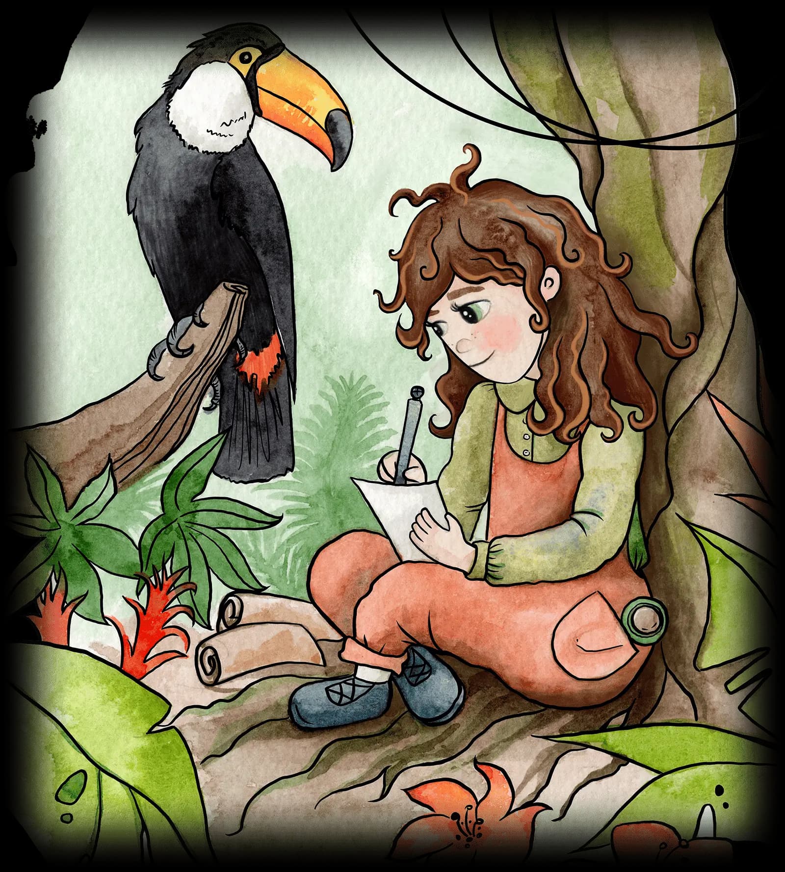 Gina writing a letter at a desk with a garden view